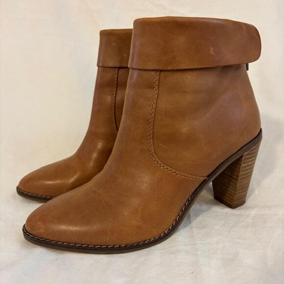 Lucky Brand "Nycott" Tan Leather Cuffed Heeled Ankle Boot, Size 6 1/2M/37 - Picture 1 of 14